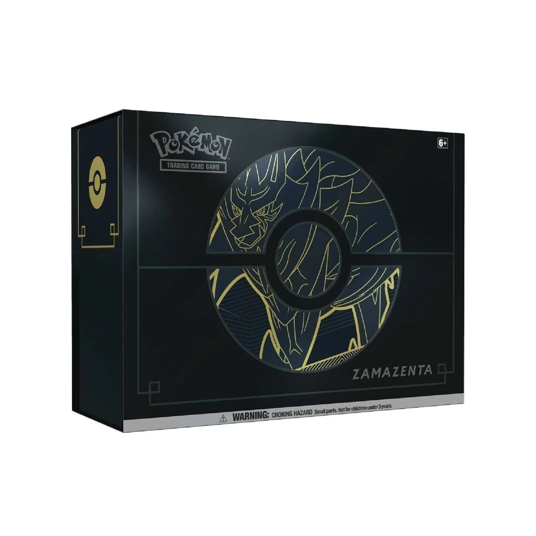 Pokémon trading card game box featuring Zamazenta design on a black background