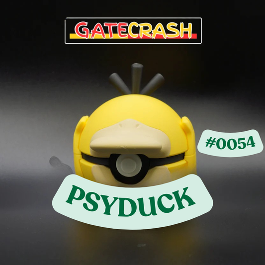 Toy figure of Psyduck from the Pokémon series with 'Gatecrash' branding on a dark background.