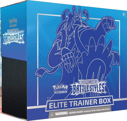 Pokémon Sword & Shield Battle Styles Elite Trainer Box packaging with blue and black design.