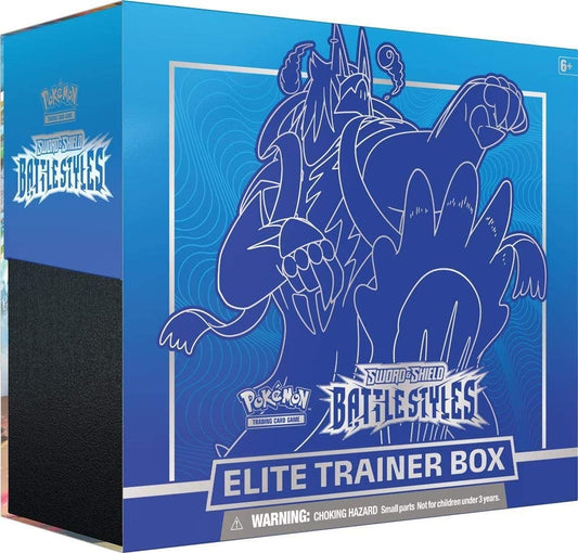 Pokémon Sword & Shield Battle Styles Elite Trainer Box packaging with blue and black design.