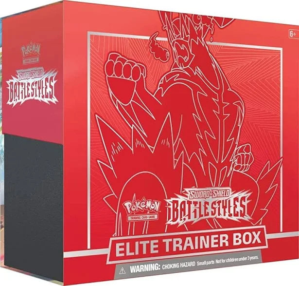 Red Elite Trainer Box for Sword & Shield Battle Styles with character illustration on a white background