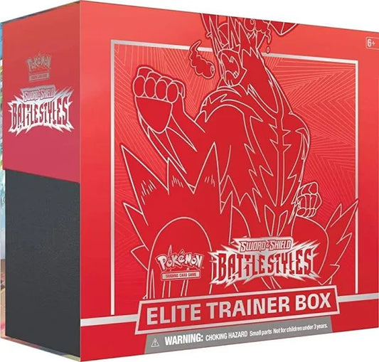 Red Elite Trainer Box for Sword & Shield Battle Styles with character illustration on a white background