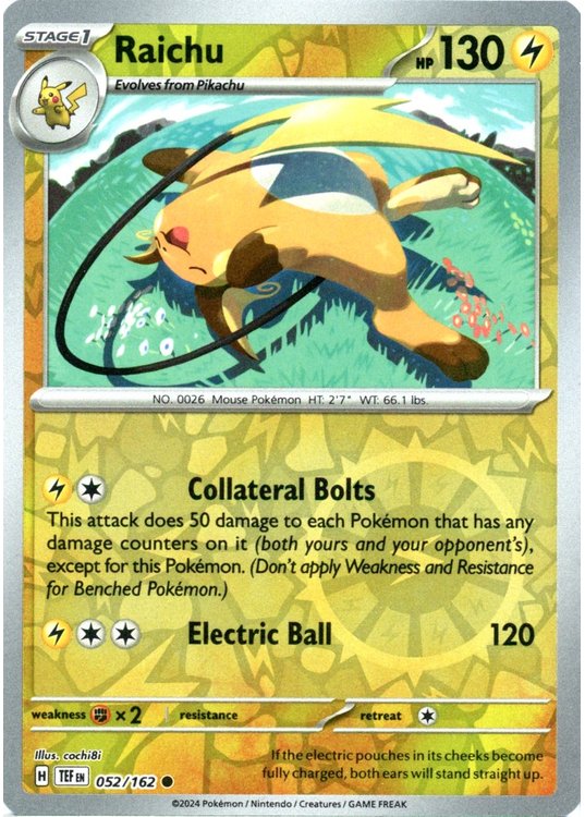 Pokémon trading card featuring Raichu with a yellow and green background