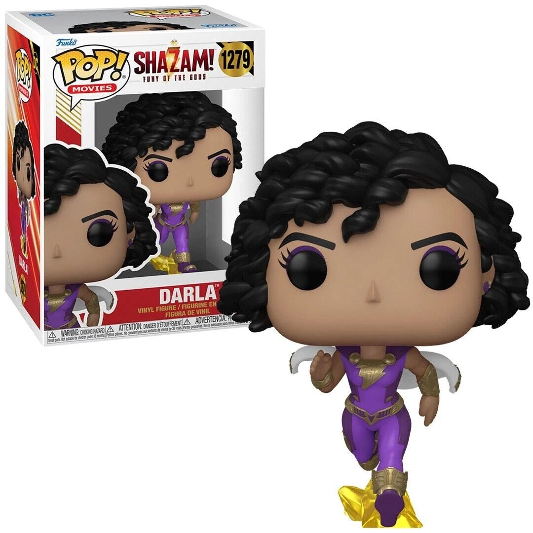 Funko Pop! Darla figure from Shazam! with packaging in the background
