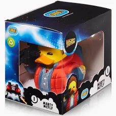 Toy duck with space helmet packaging featuring a train on a blue background