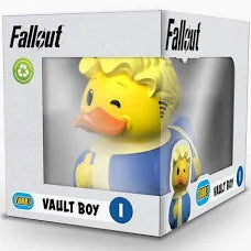 Rubber duck toy in 'Fallout' Vault Boy costume packaging