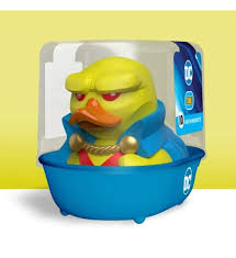 Toy duck in a blue bathtub with a yellow background