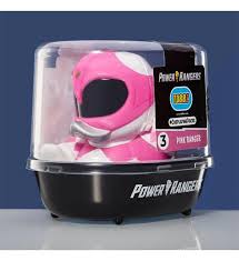 Pink Power Ranger helmet in a clear plastic case on a blue background