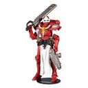 Action figure in red and white costume with a sword on a black background