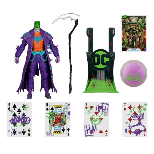 Collection of DC Comics-themed items including a figure, cards, and accessories on a white background.
