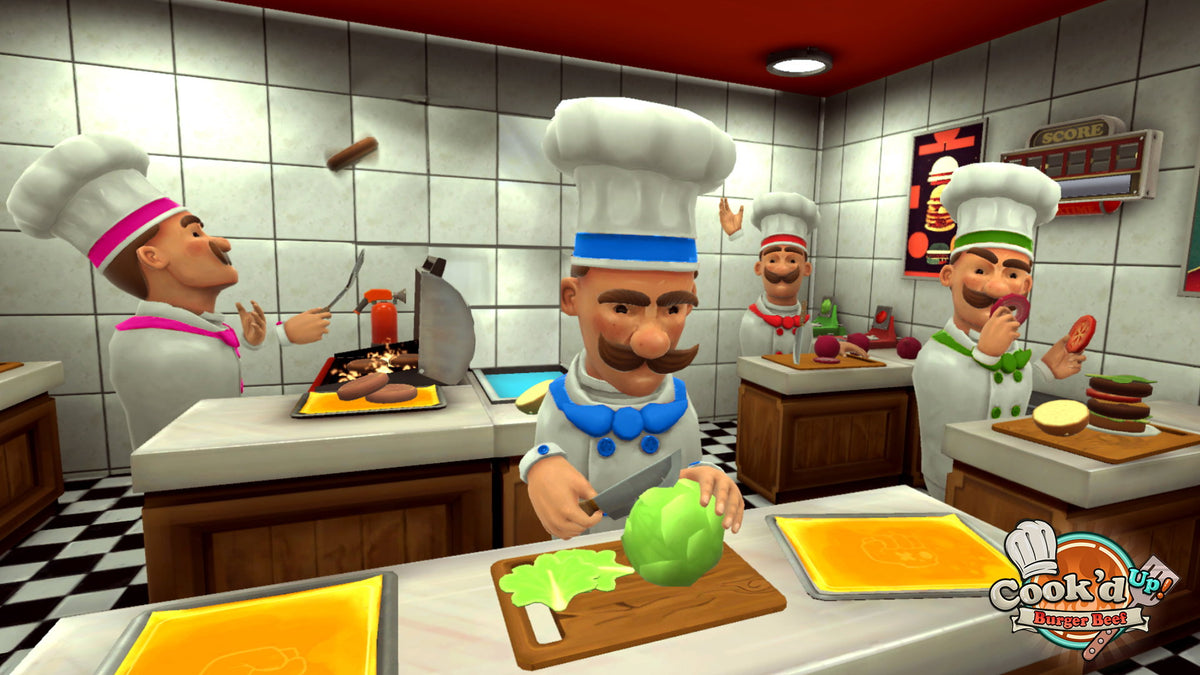 Cook'd Up VR burger kitchen with chefs chopping vegetables and preparing food