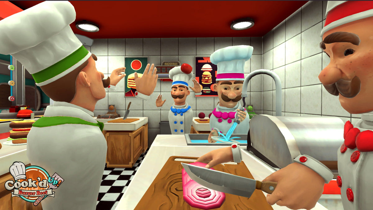 Cook'd Up Burger Beef VR chefs preparing ingredients in a busy kitchen