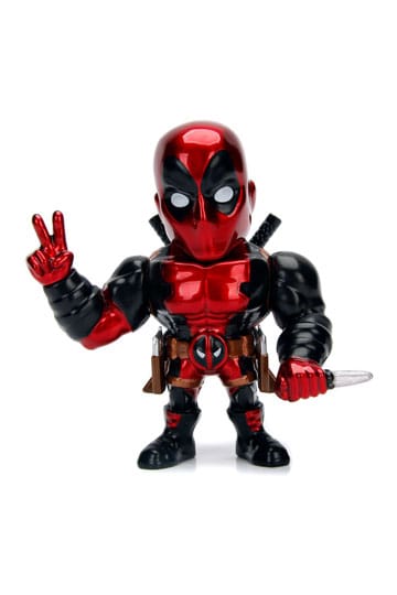 Deadpool action figure in red and black costume with a white background