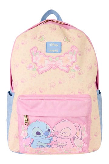 Backpack with cartoon characters on a light pink background