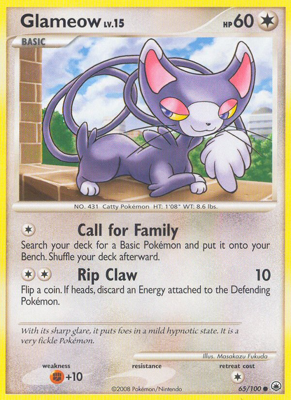 Glameow 65/100 Pokémon Majestic Dawn (2008) English card — catalogue reference