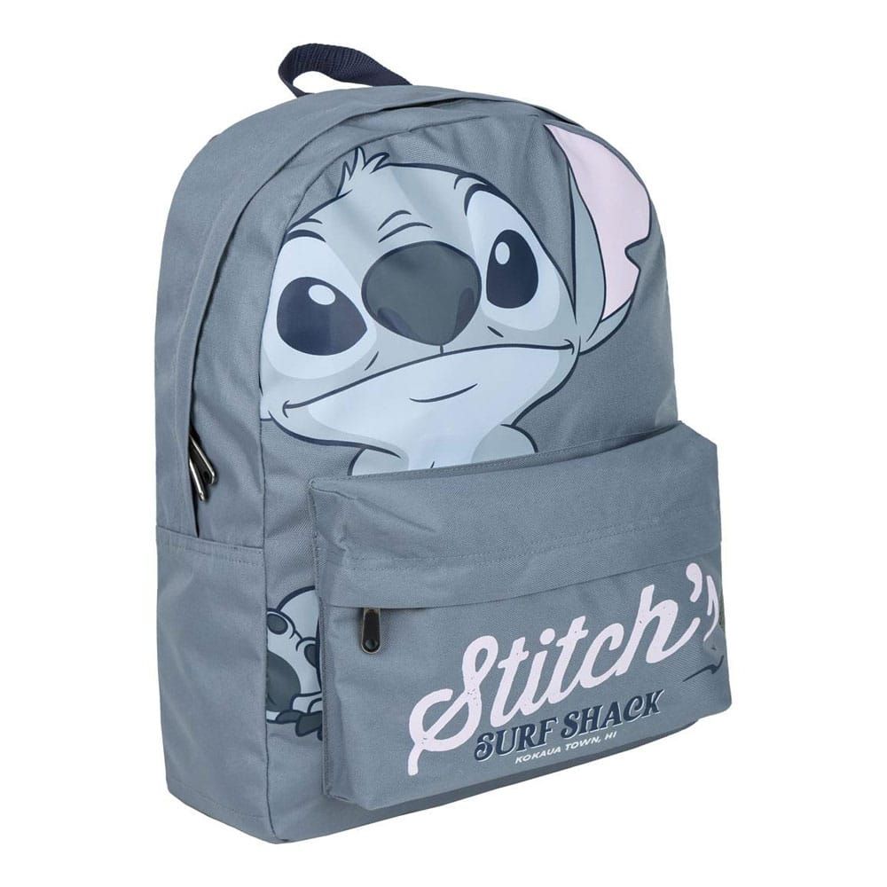 Gray backpack with cartoon character and 'Stitch's Surf Shack' text on a white background