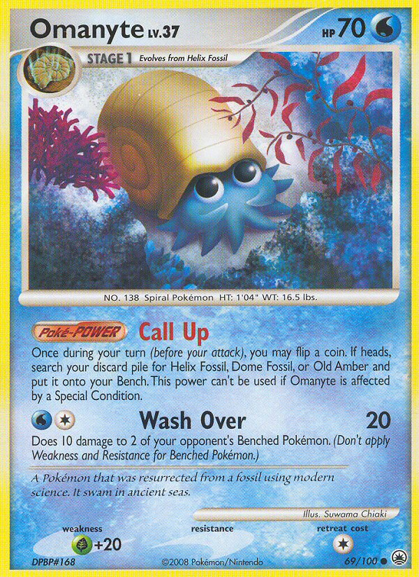 Omanyte 69/100 Pokémon Majestic Dawn (2008) English card — catalogue reference