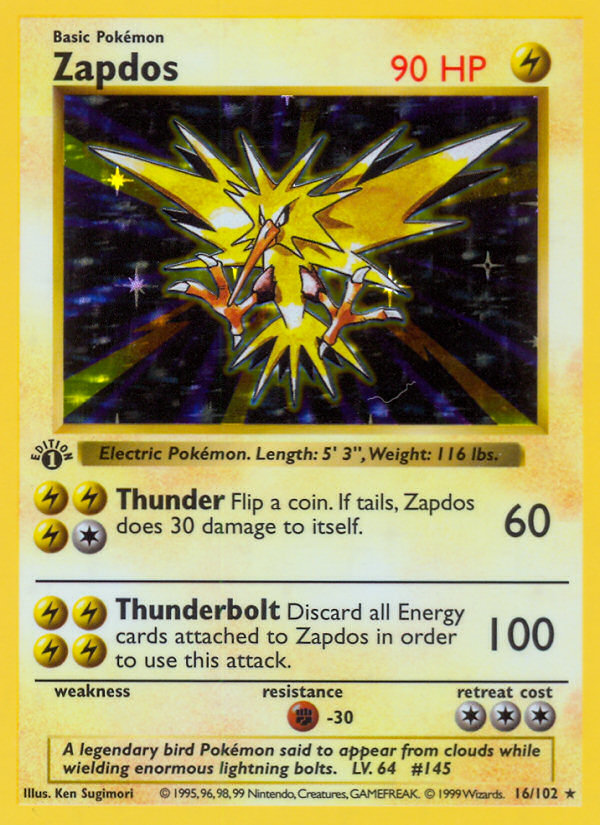 Zapdos 16/102 Pokémon Base Set card