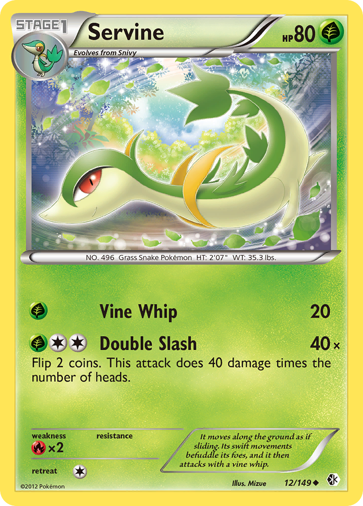 Servine 12/149 Pokémon card from Boundaries Crossed (2012), English Uncommon