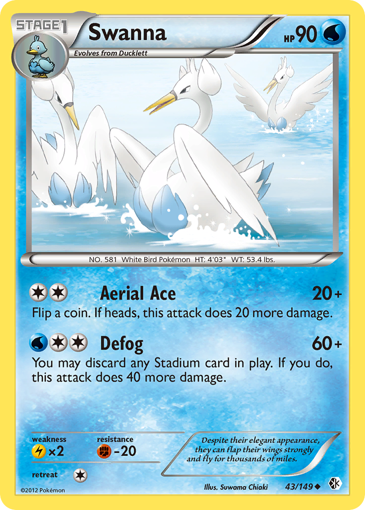 Swanna 43/149 Pokémon card from Boundaries Crossed (2012), English Uncommon