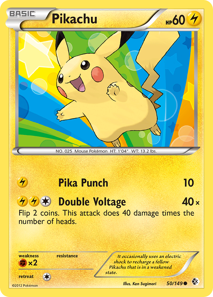 Pikachu 50/149 Pokémon card from Boundaries Crossed (2012), English Common