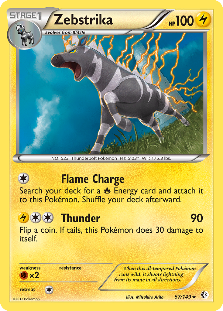 Zebstrika 57/149 Pokémon card from Boundaries Crossed (2012), English Rare Holo