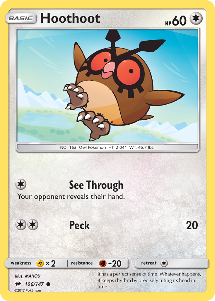 Hoothoot 106/147 English Pokémon card from Burning Shadows (2017)