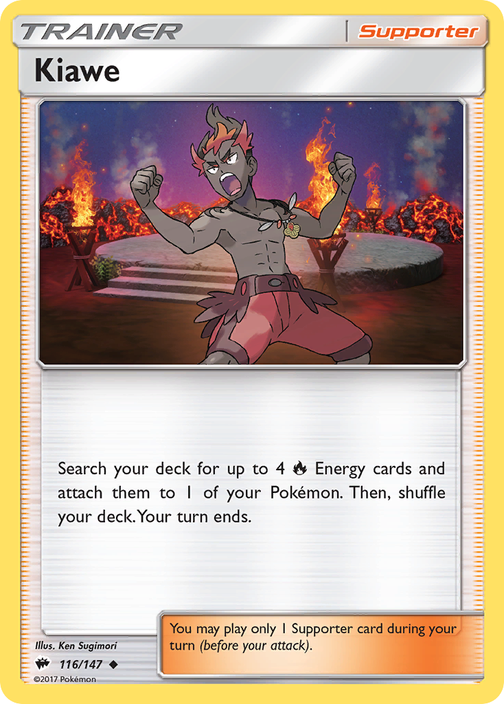 Kiawe 116/147 English Pokémon card from Burning Shadows (2017)