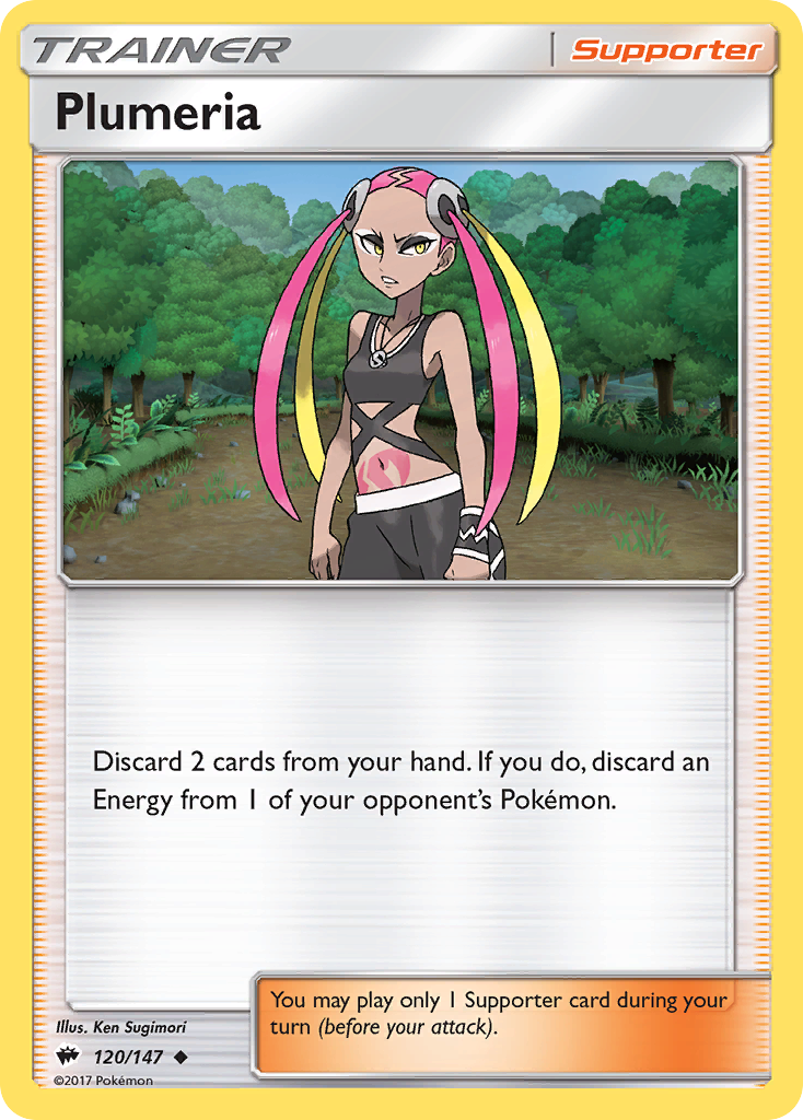 Plumeria 120/147 English Pokémon card from Burning Shadows (2017)