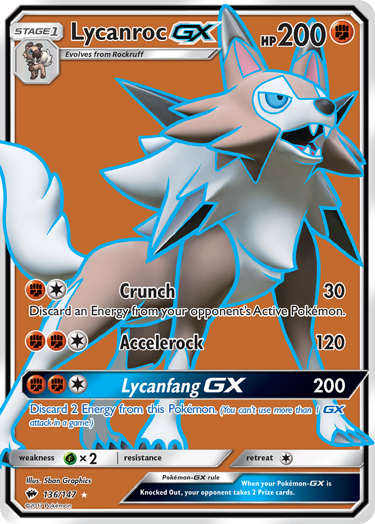 Lycanroc-GX 136/147 English Pokémon card from Burning Shadows (2017)
