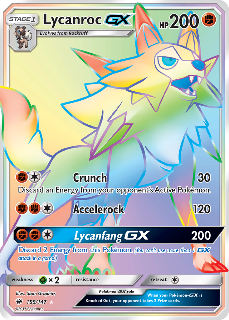 Lycanroc-GX 155/147 English Pokémon card from Burning Shadows (2017)
