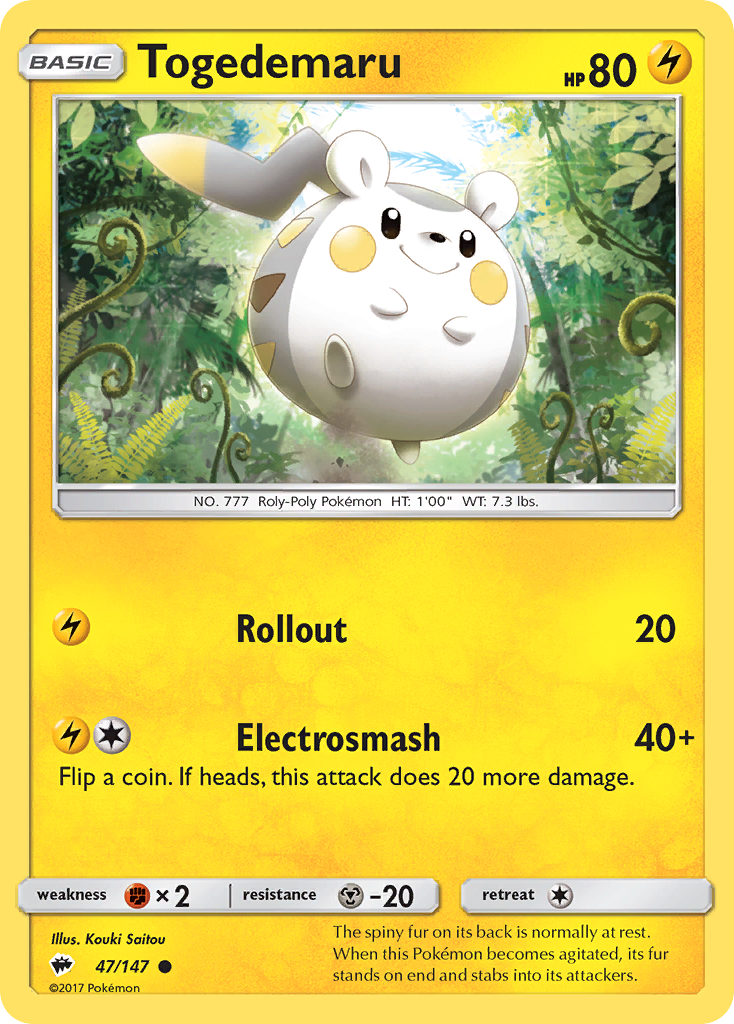 Togedemaru 47/147 English Pokémon card from Burning Shadows (2017)