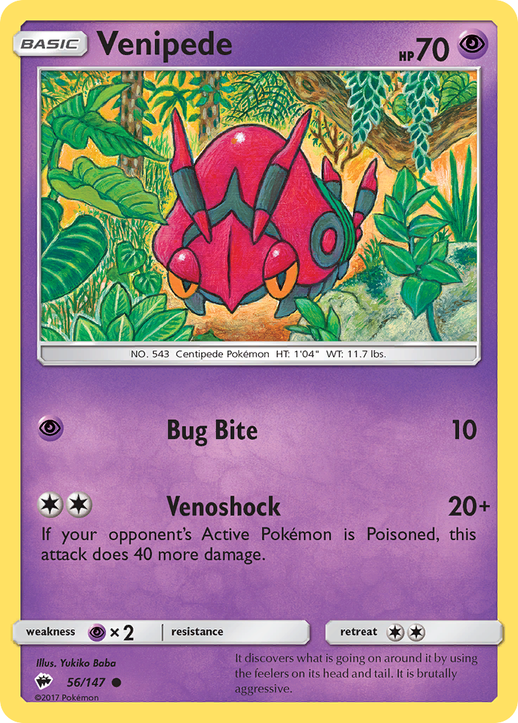 Venipede 56/147 English Pokémon card from Burning Shadows (2017)