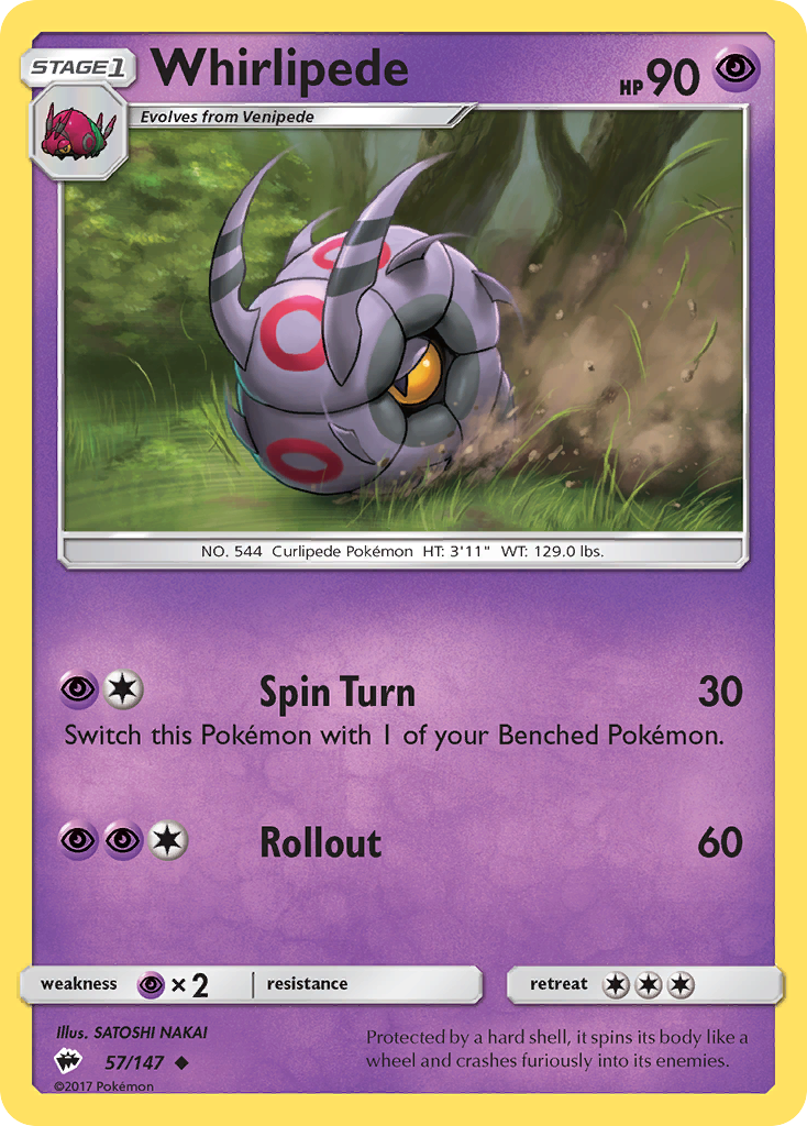 Whirlipede 57/147 English Pokémon card from Burning Shadows (2017)