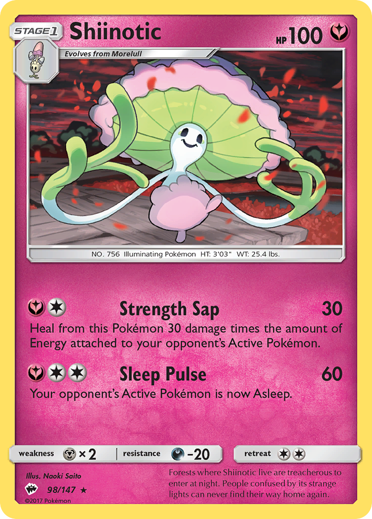 Shiinotic 98/147 English Pokémon card from Burning Shadows (2017)