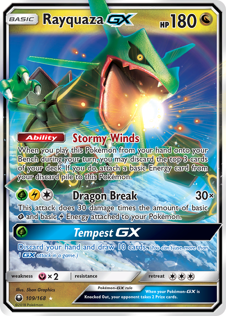 Rayquaza-GX 109/168 English Pokémon card from Celestial Storm (2018)