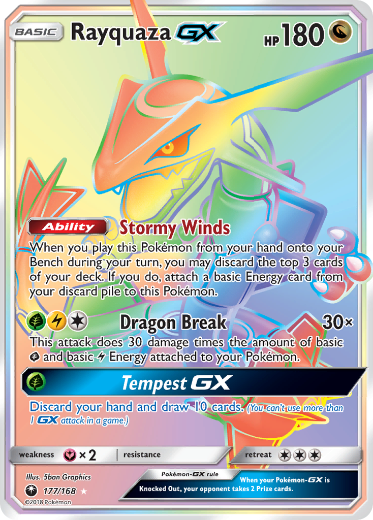 Rayquaza-GX 177/168 English Pokémon card from Celestial Storm (2018)
