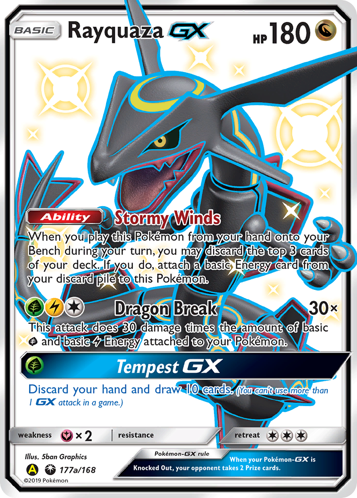 Rayquaza-GX 177a/168 English Pokémon card from Celestial Storm (2018) — alternate artwork