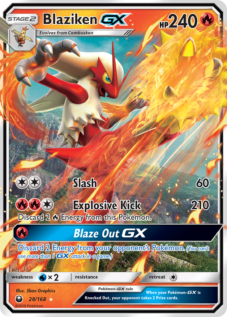 Blaziken-GX 28/168 English Pokémon card from Celestial Storm (2018)