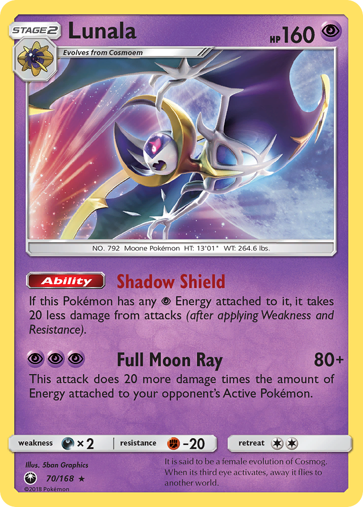 Lunala 70/168 English Pokémon card from Celestial Storm (2018)