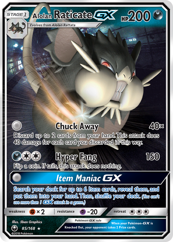 Alolan Raticate-GX 85/168 English Pokémon card from Celestial Storm (2018)