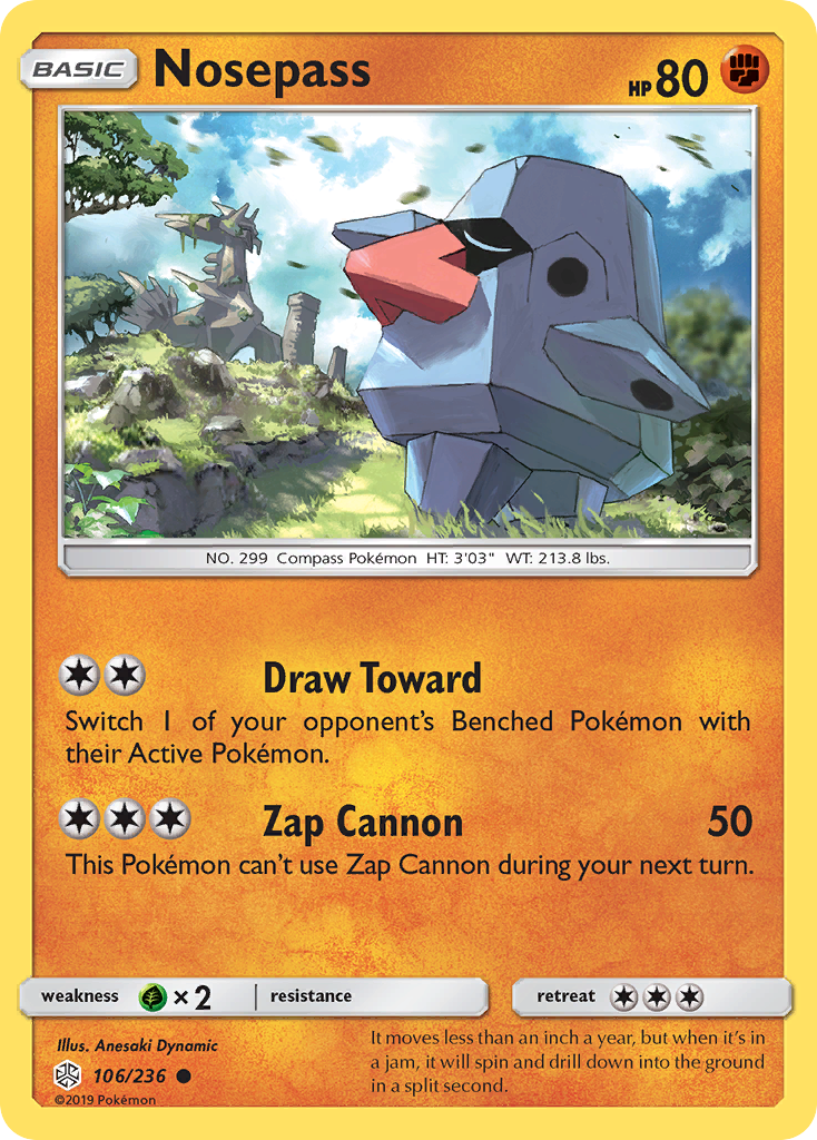 Nosepass 106/236 English Pokémon card from Cosmic Eclipse (2019)