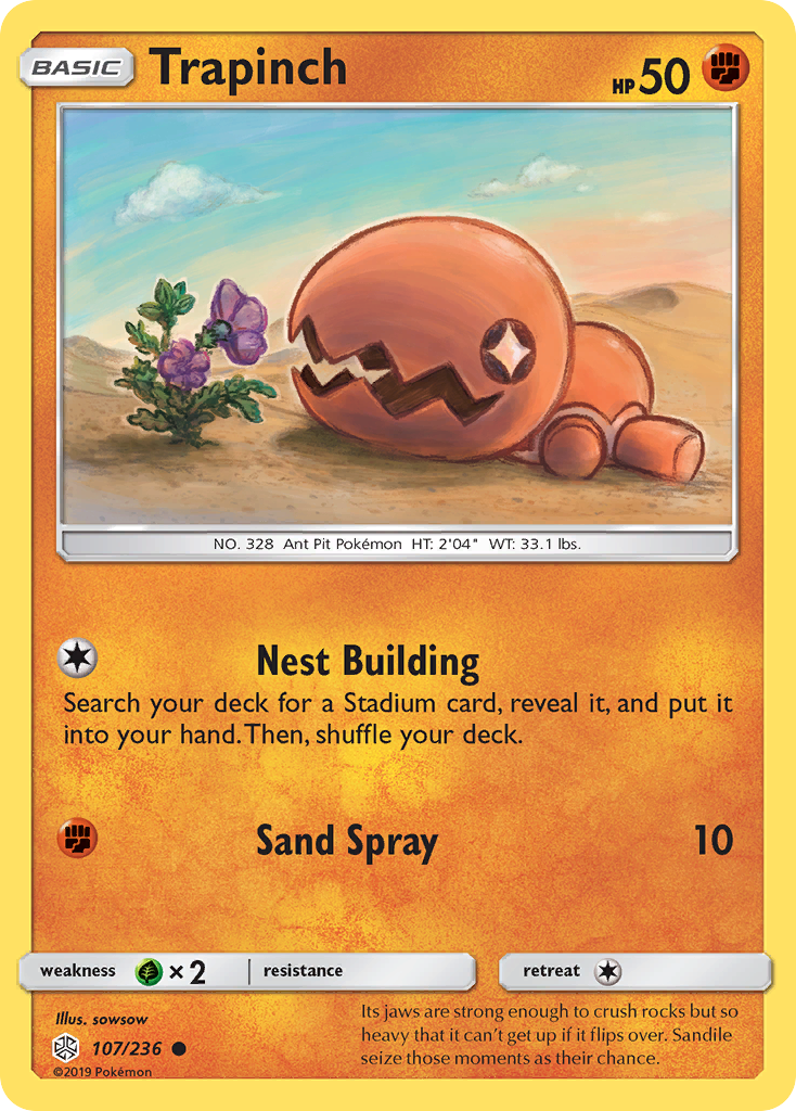 Trapinch 107/236 English Pokémon card from Cosmic Eclipse (2019)