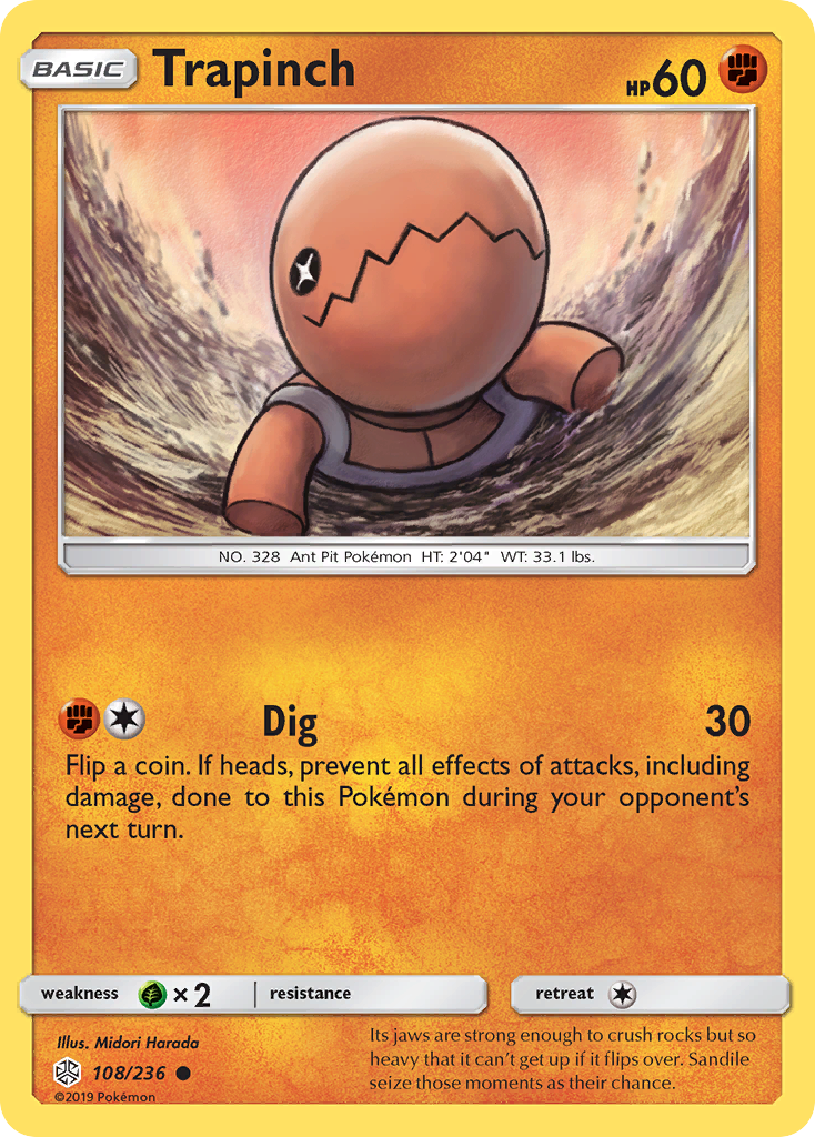 Trapinch 108/236 English Pokémon card from Cosmic Eclipse (2019)