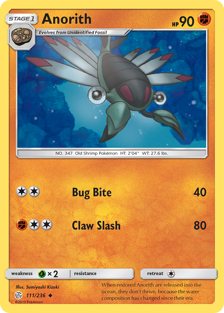 Anorith 111/236 English Pokémon card from Cosmic Eclipse (2019)
