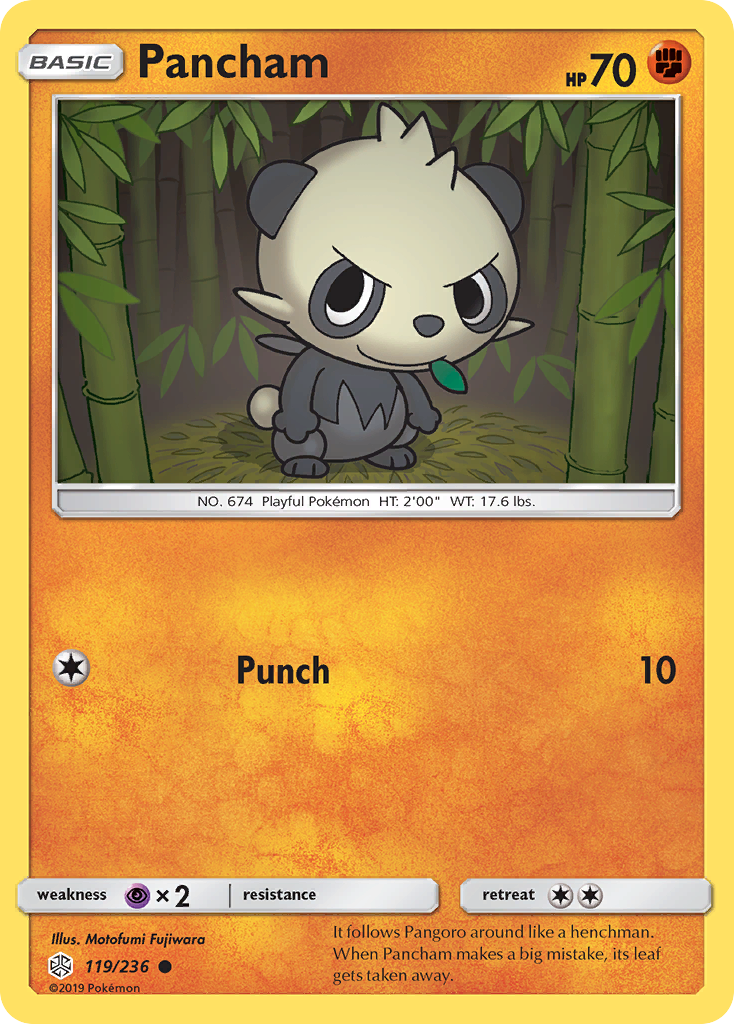 Pancham 119/236 English Pokémon card from Cosmic Eclipse (2019)