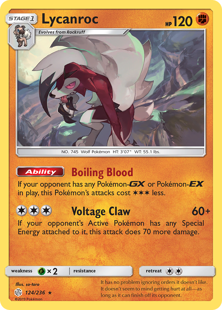 Lycanroc 124/236 English Pokémon card from Cosmic Eclipse (2019)