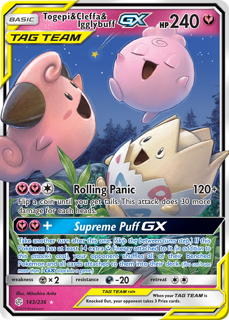 Togepi & Cleffa & Igglybuff-GX 143/236 English Pokémon card from Cosmic Eclipse (2019)