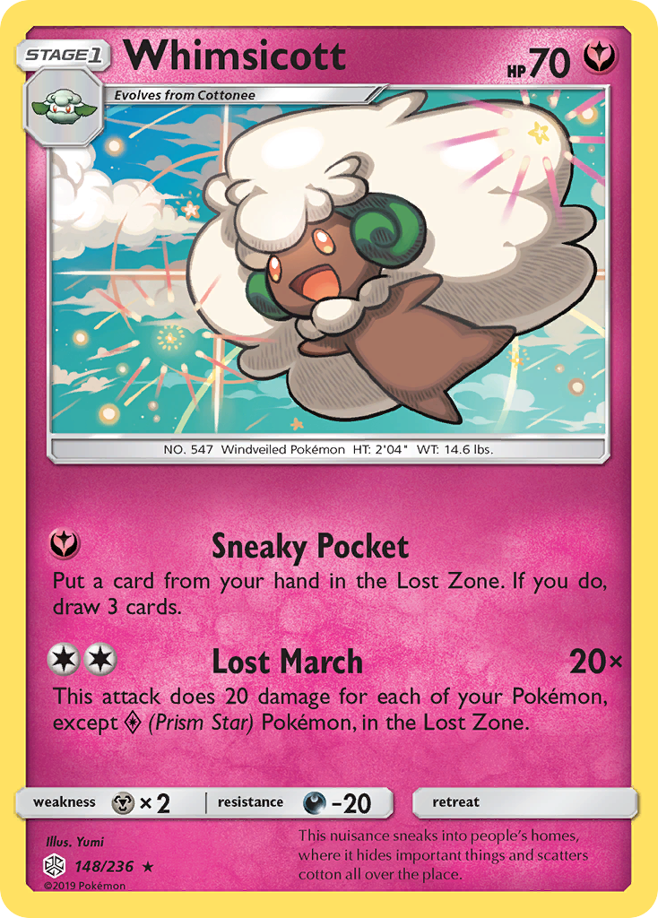 Whimsicott 148/236 English Pokémon card from Cosmic Eclipse (2019)