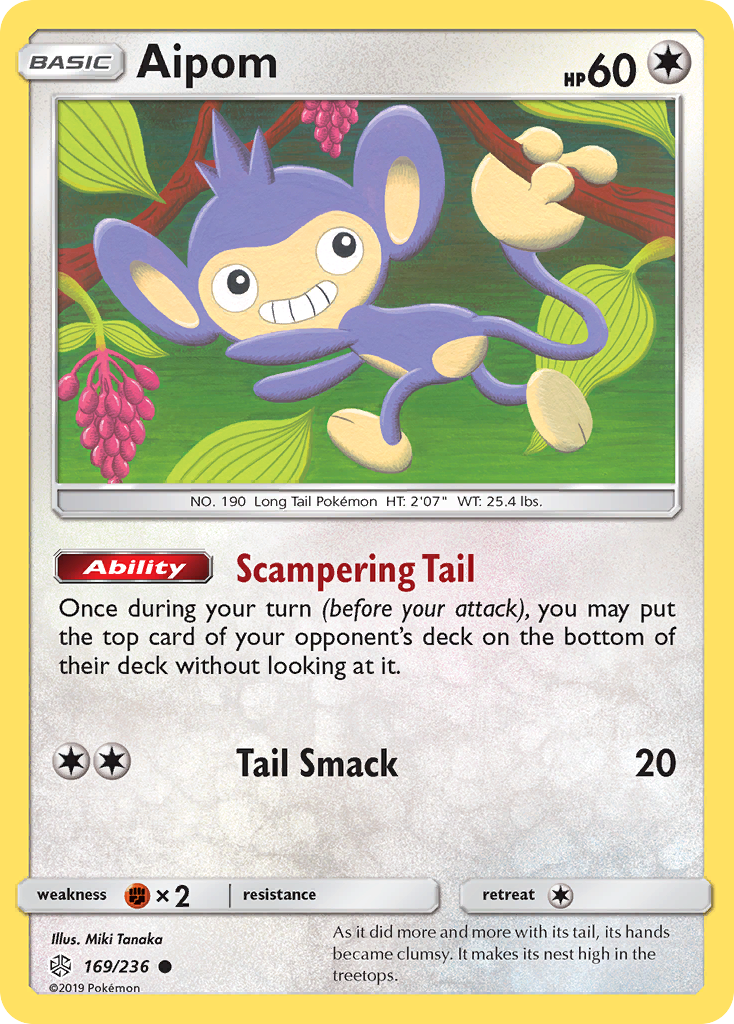 Aipom 169/236 English Pokémon card from Cosmic Eclipse (2019)